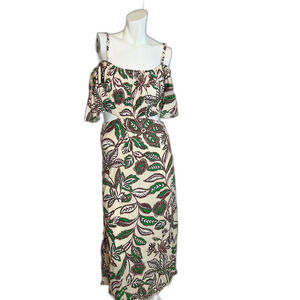 Zara Ecru Green Linen Blend Leaf Botanical Printed Cutout Midi Dress Size S